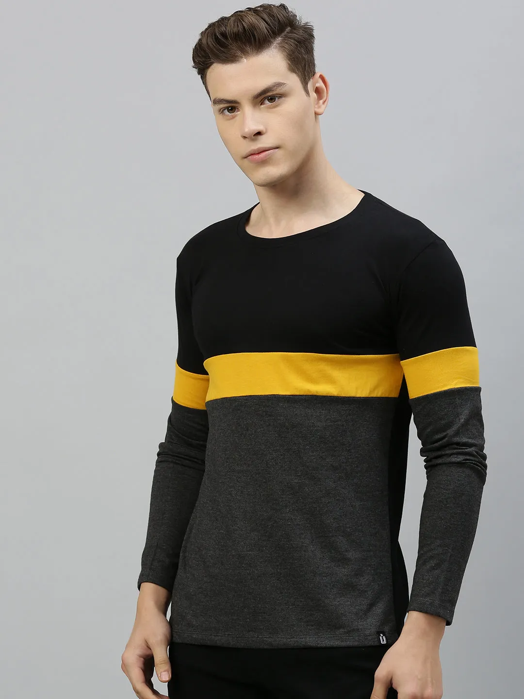 Men's Black, Yellow Full Sleeve Round Neck Cotton T-Shirt