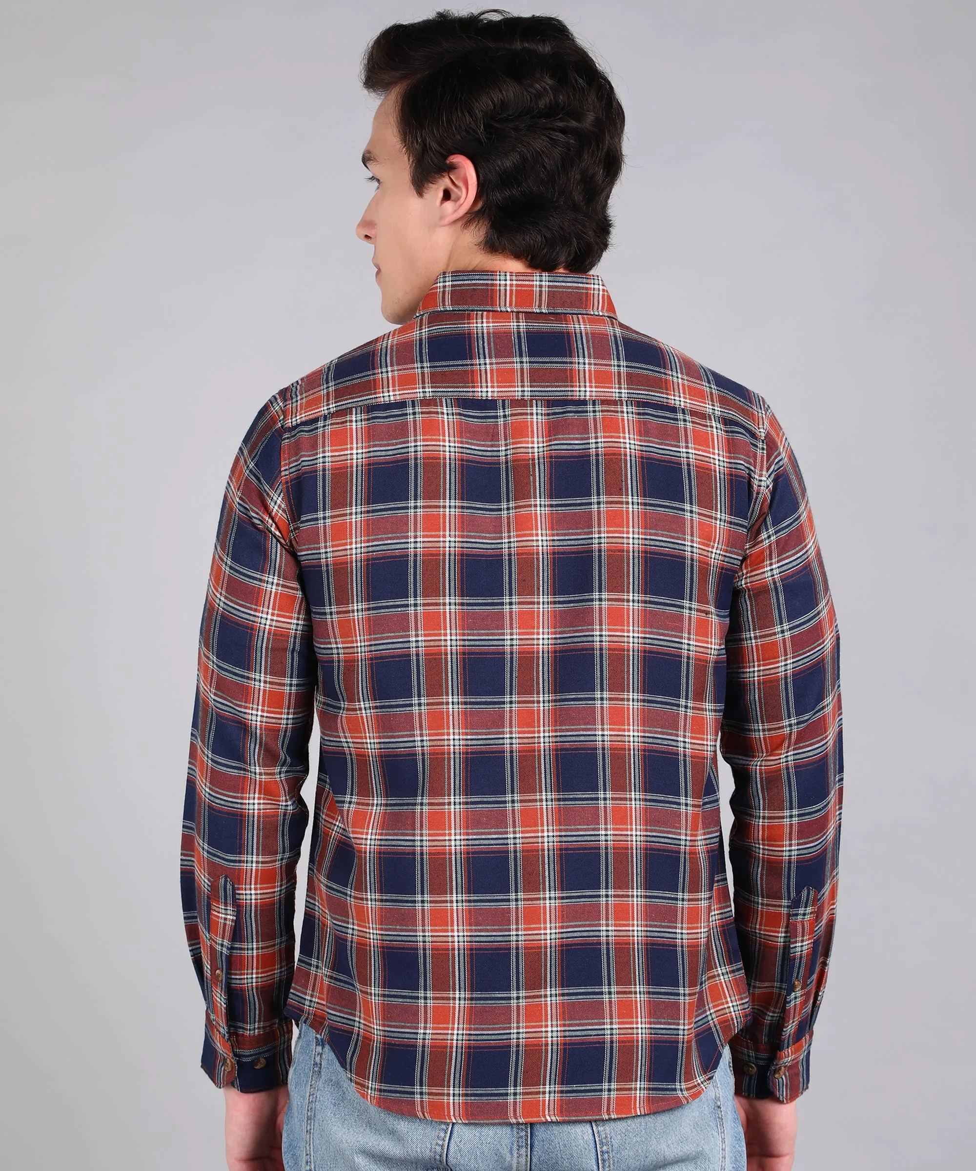 Men's Blue Cotton Full Sleeve Slim Fit Casual Checkered Shirt