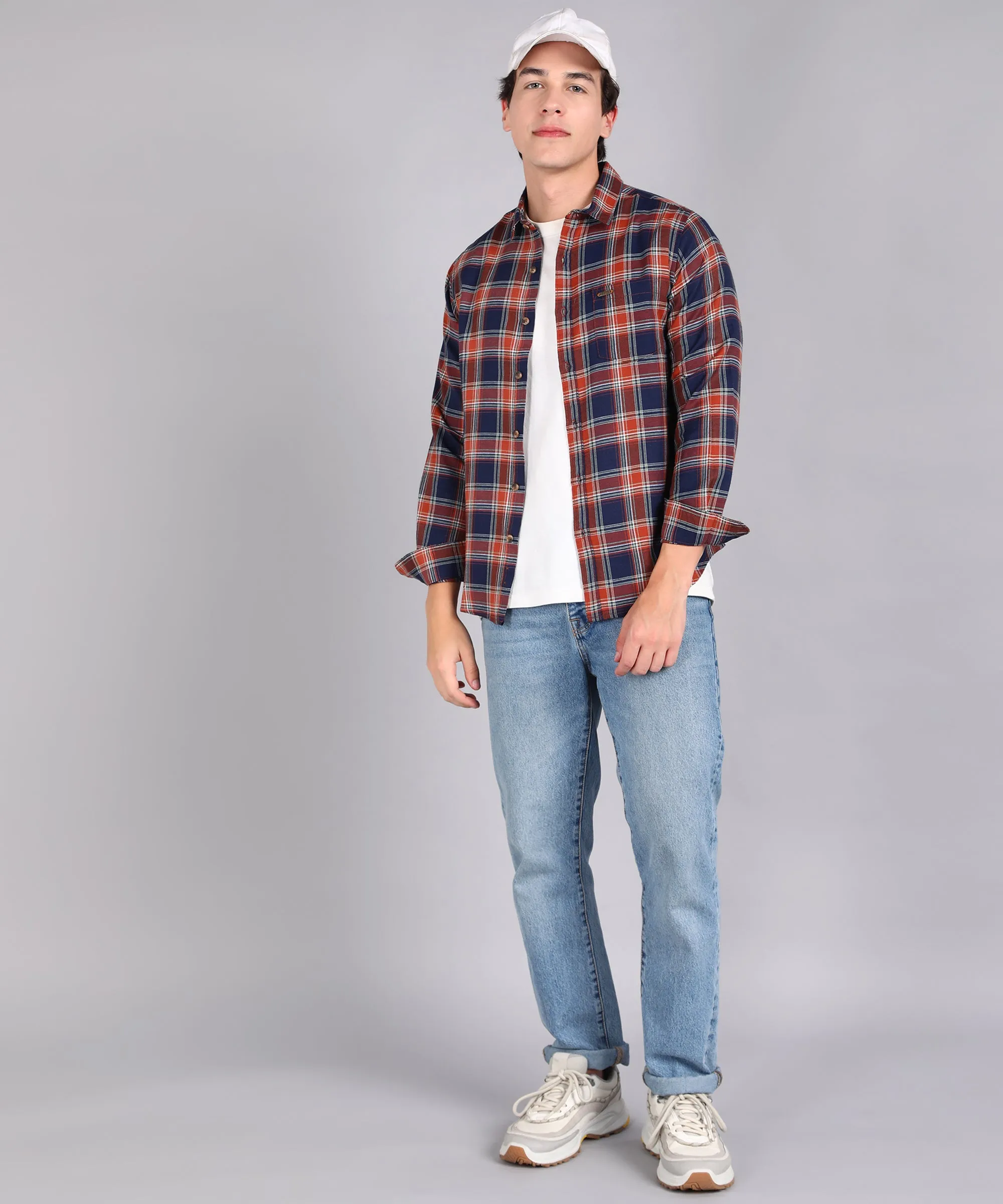 Men's Blue Cotton Full Sleeve Slim Fit Casual Checkered Shirt