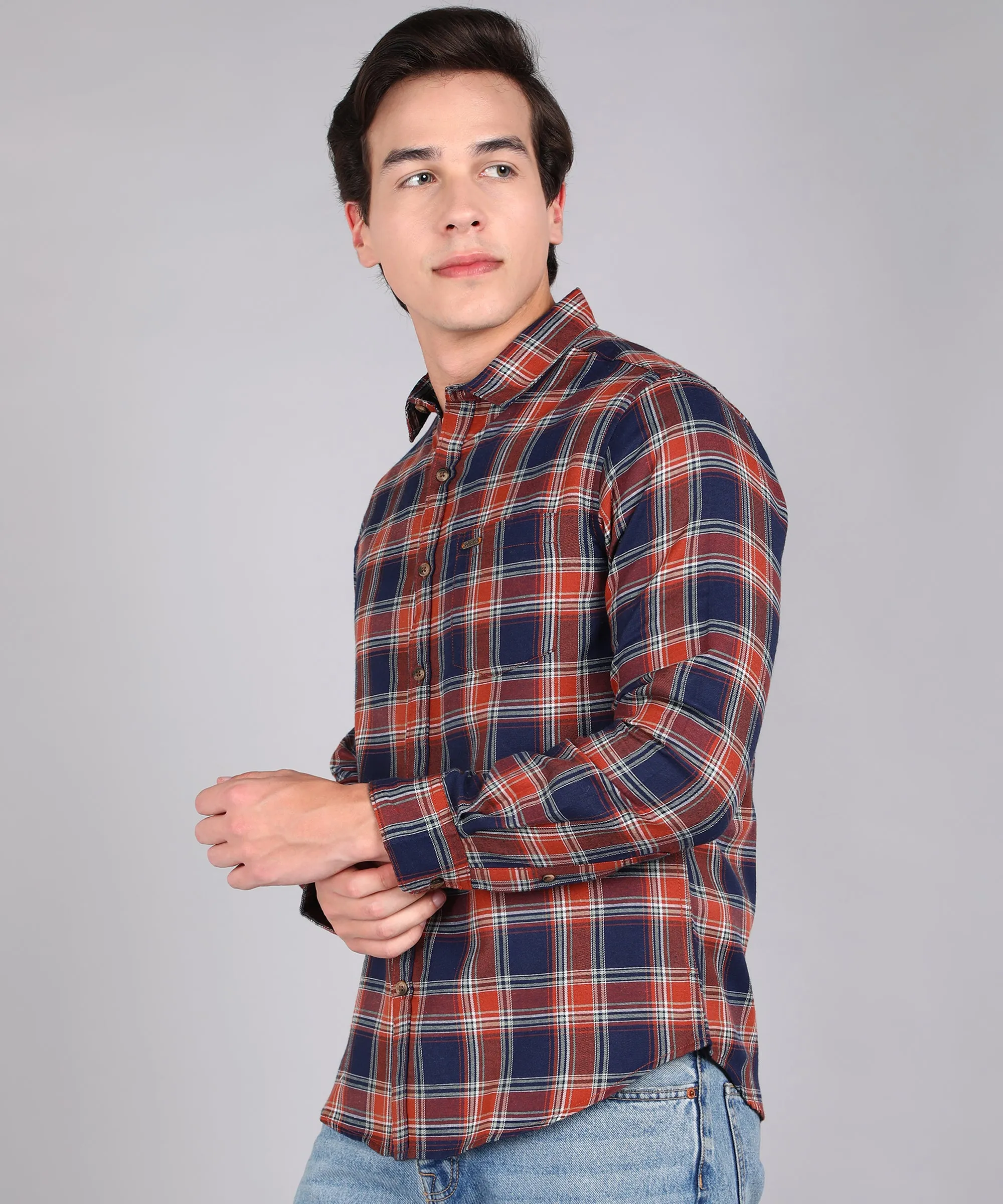 Men's Blue Cotton Full Sleeve Slim Fit Casual Checkered Shirt