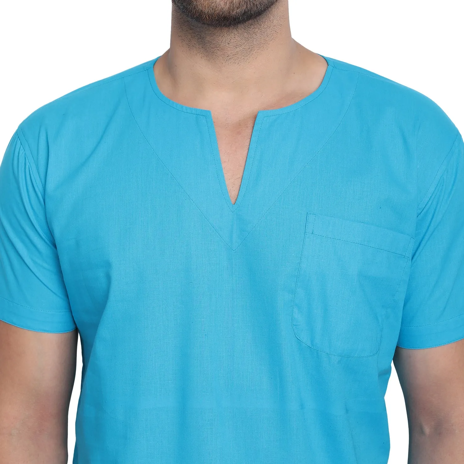 Men's Tunic V-Neck Short Regular Fit Cotton Kurta Turquoise
