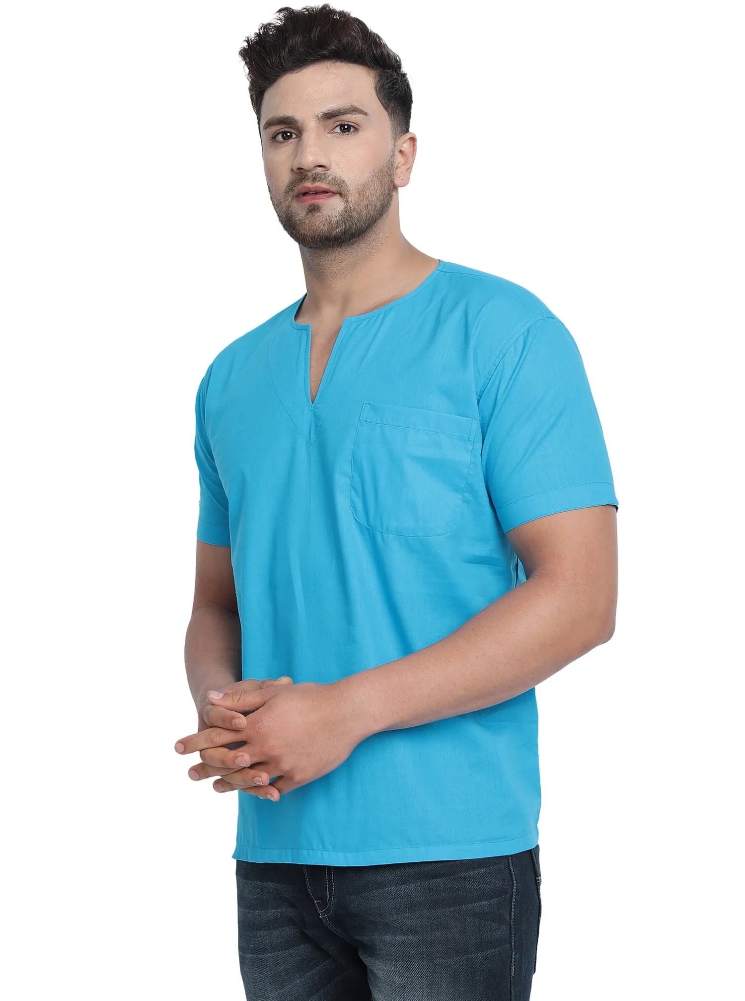 Men's Tunic V-Neck Short Regular Fit Cotton Kurta Turquoise