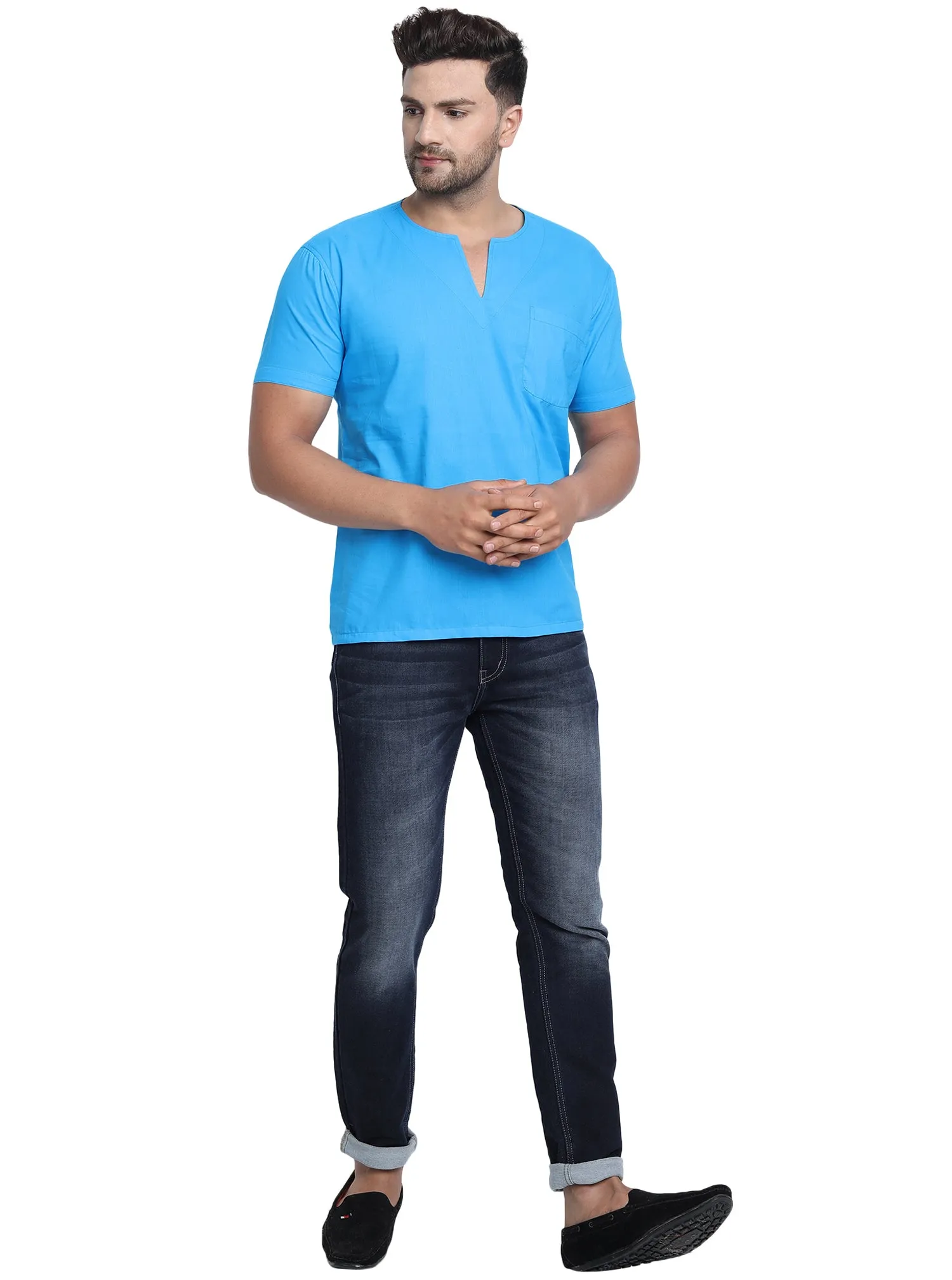 Men's Tunic V-Neck Short Regular Fit Cotton Kurta Turquoise
