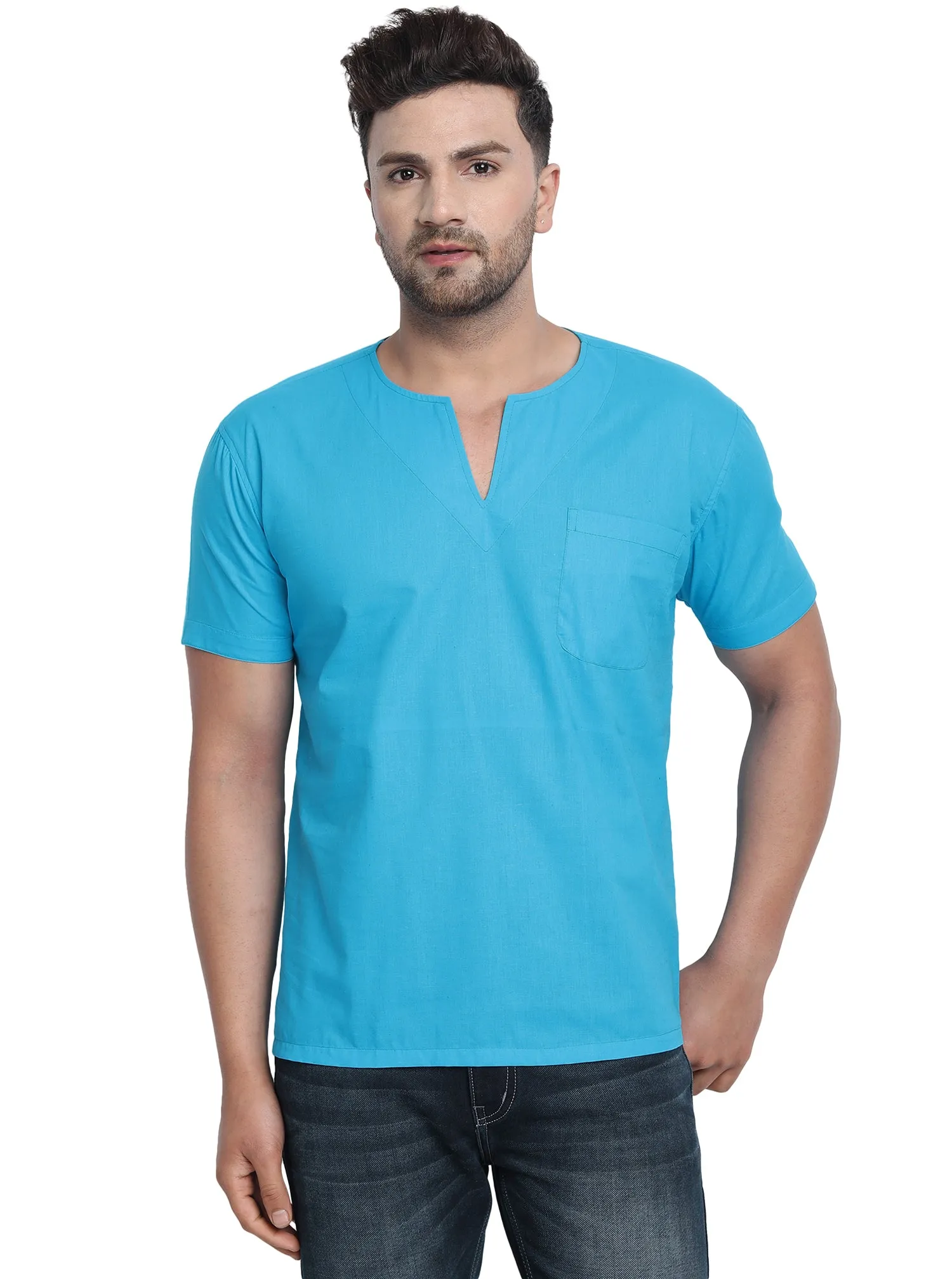 Men's Tunic V-Neck Short Regular Fit Cotton Kurta Turquoise