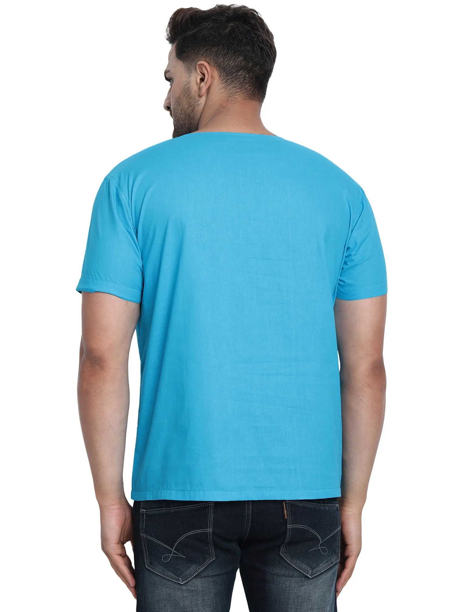Men's Tunic V-Neck Short Regular Fit Cotton Kurta Turquoise