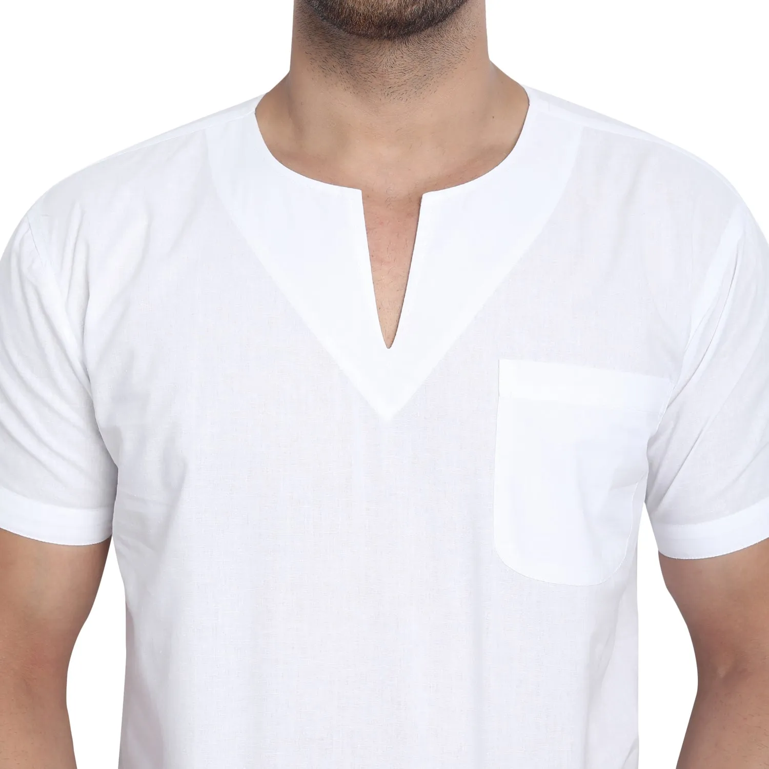Men's Tunic V-Neck Short Regular Fit Cotton Kurta White