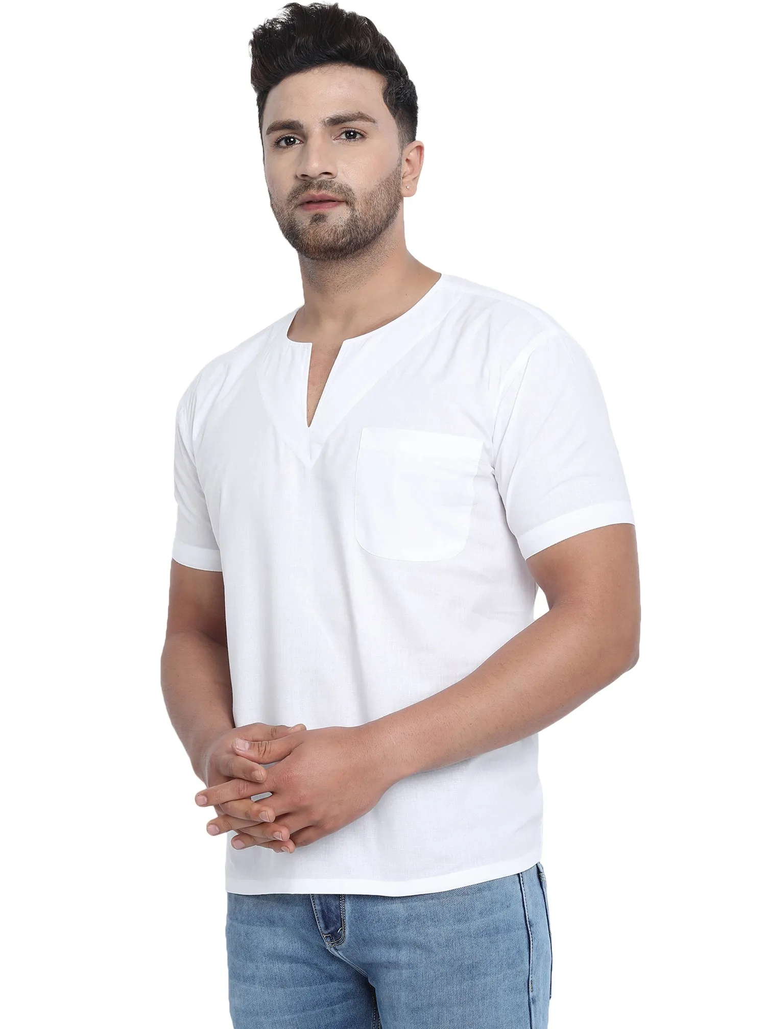 Men's Tunic V-Neck Short Regular Fit Cotton Kurta White