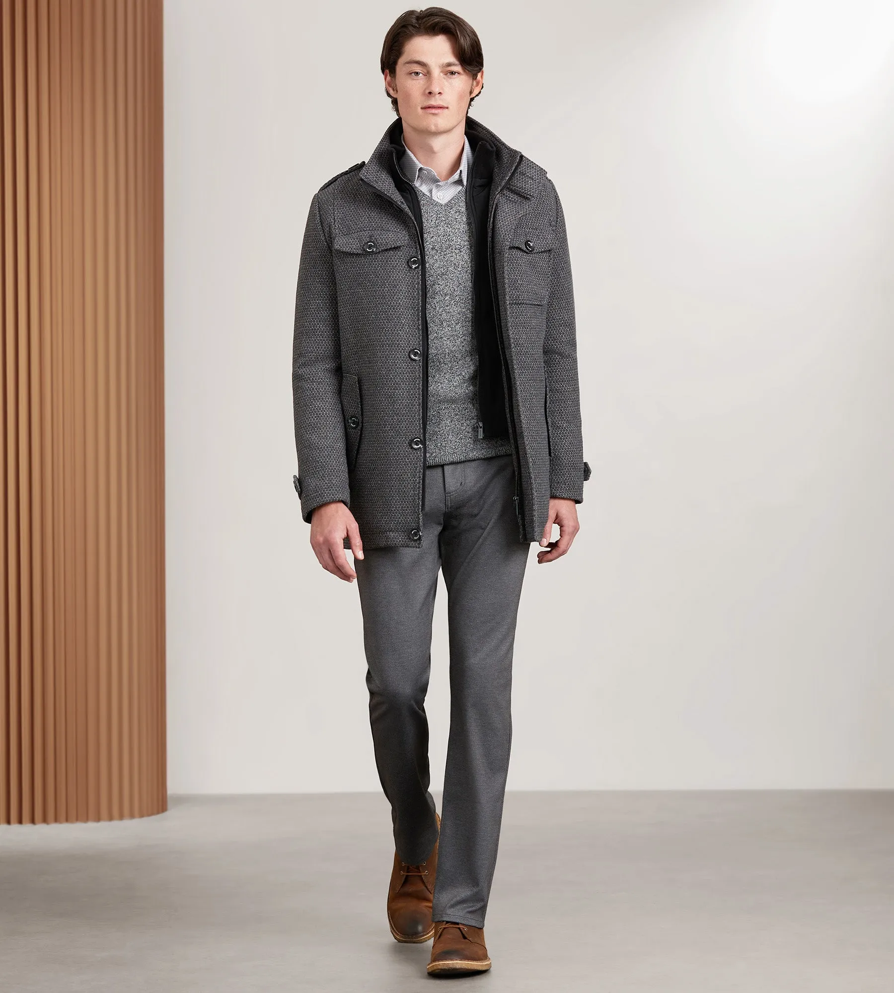 Modern Mid-Length Field Coat with Removable Bib