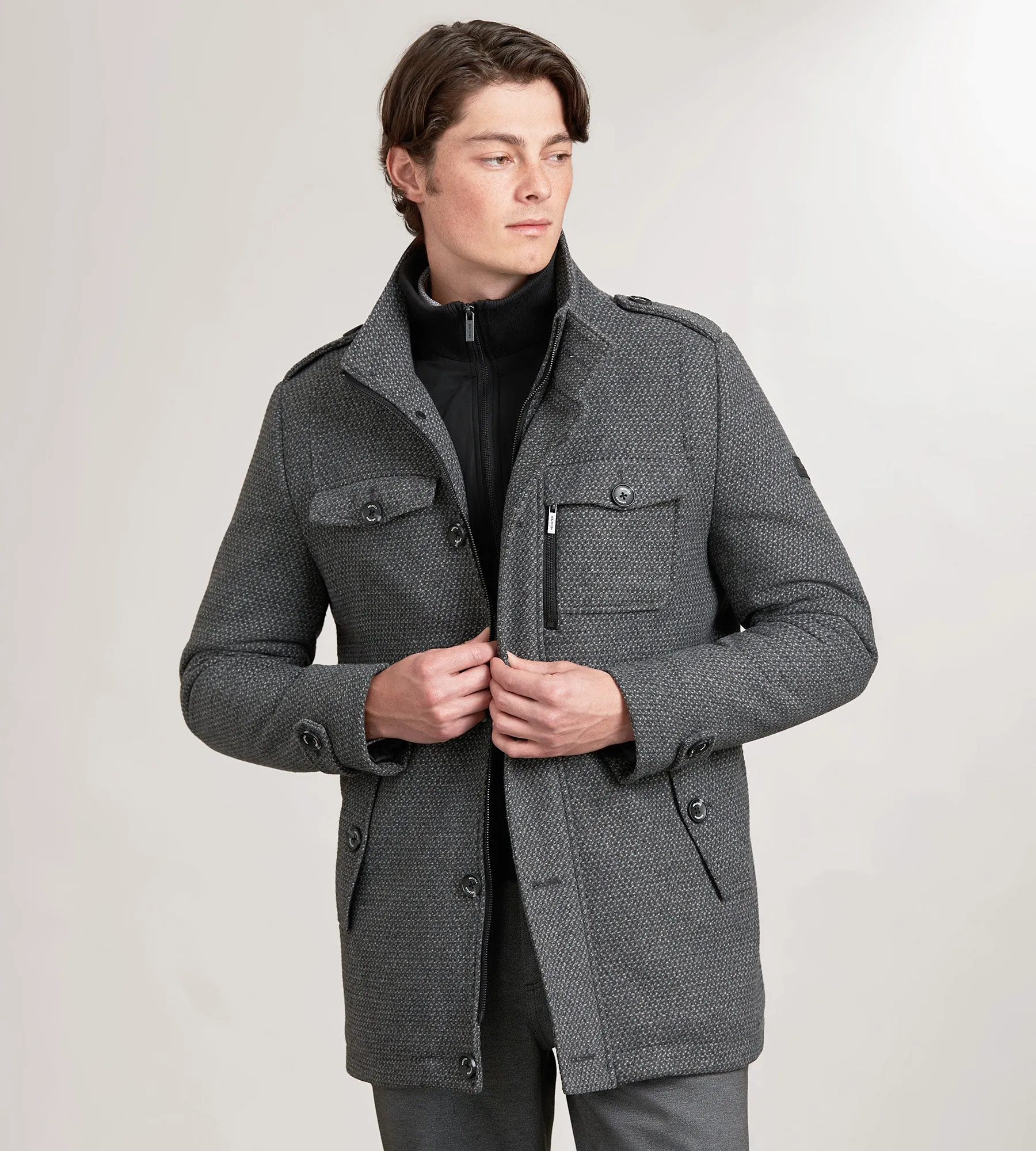 Modern Mid-Length Field Coat with Removable Bib