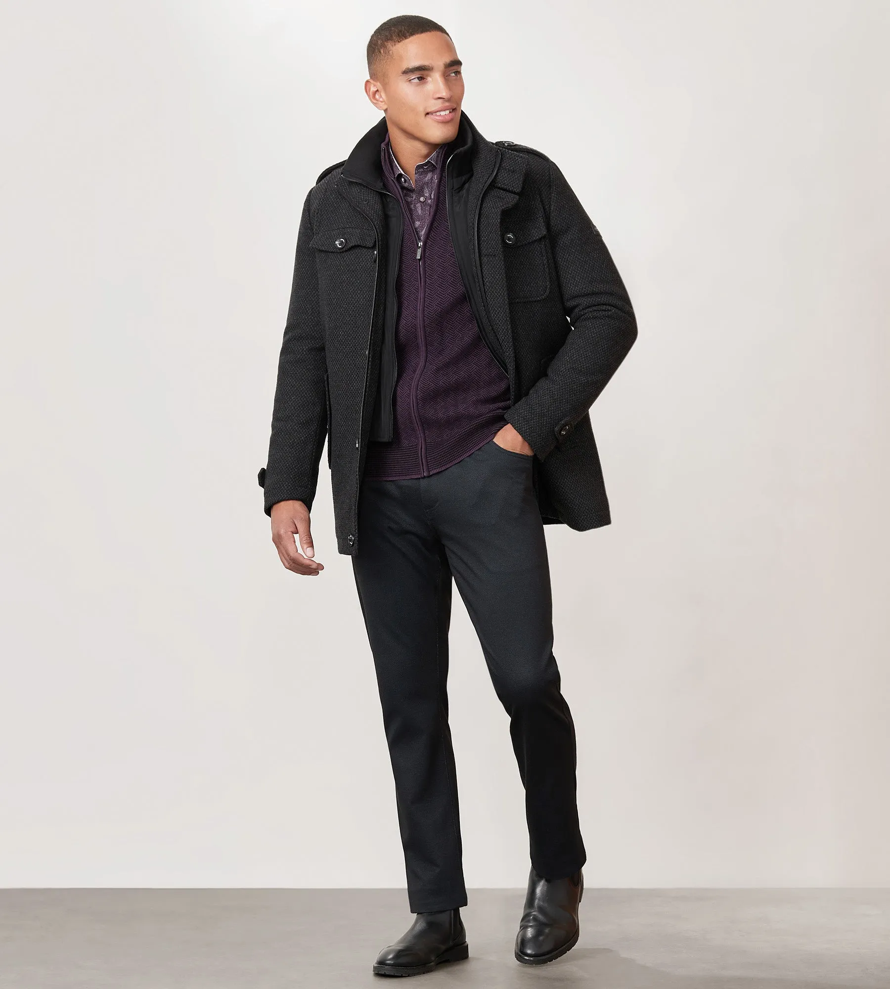Modern Mid-Length Field Coat with Removable Bib