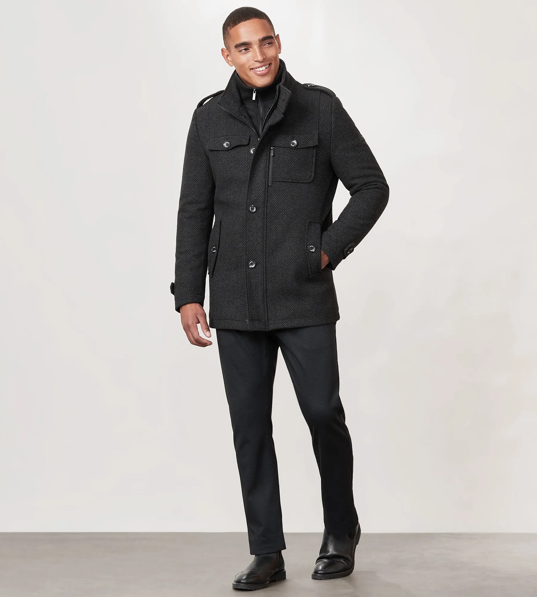 Modern Mid-Length Field Coat with Removable Bib