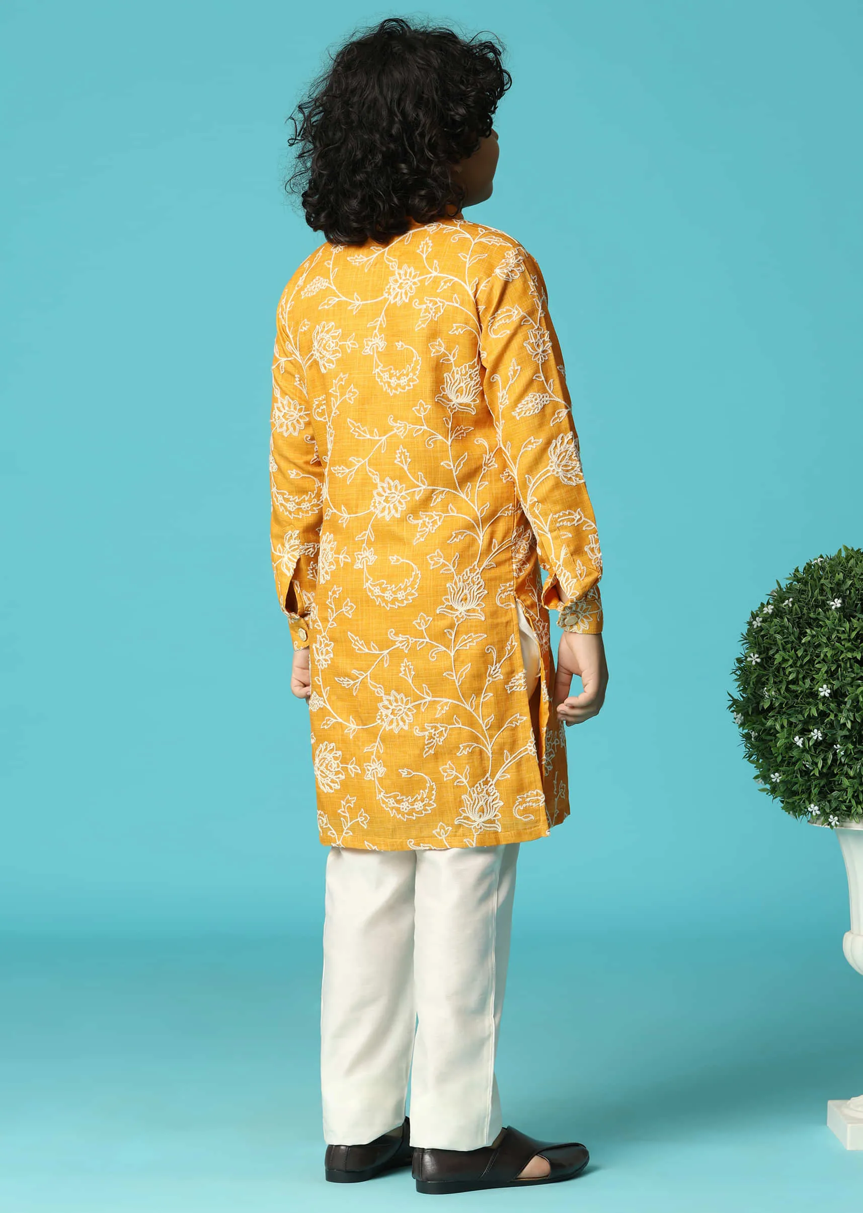 Mustard Yellow Floral Cotton Kurta Pant With Resham Work For Boys