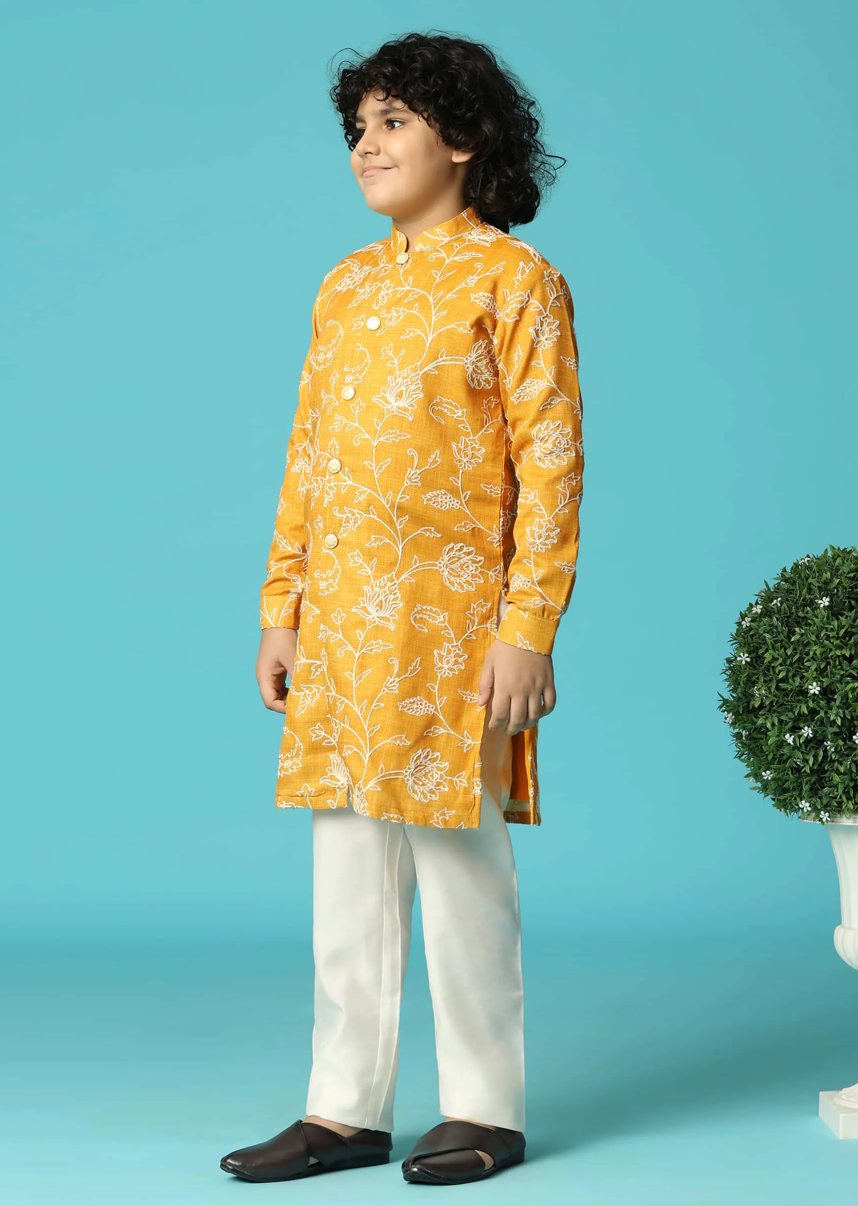 Mustard Yellow Floral Cotton Kurta Pant With Resham Work For Boys