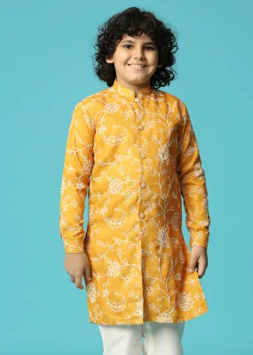 Mustard Yellow Floral Cotton Kurta Pant With Resham Work For Boys