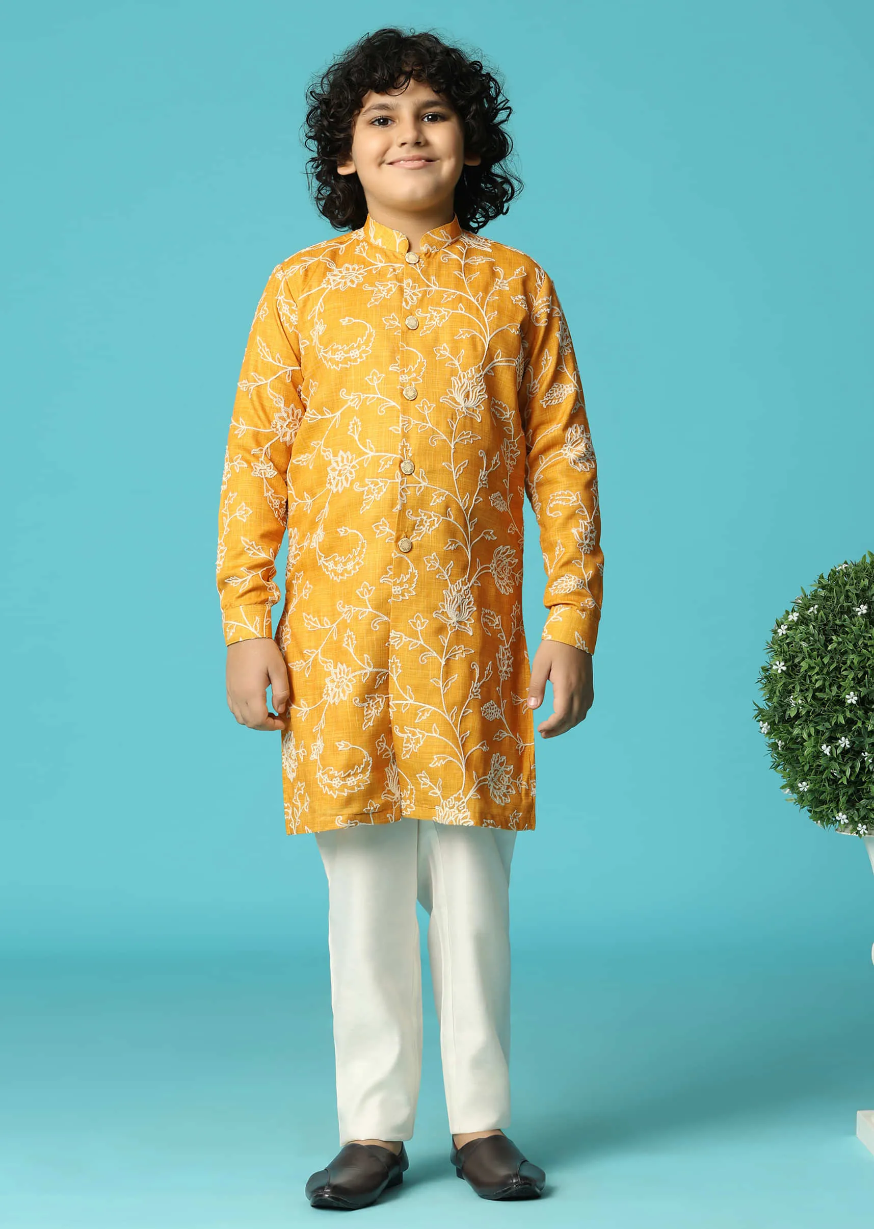Mustard Yellow Floral Cotton Kurta Pant With Resham Work For Boys