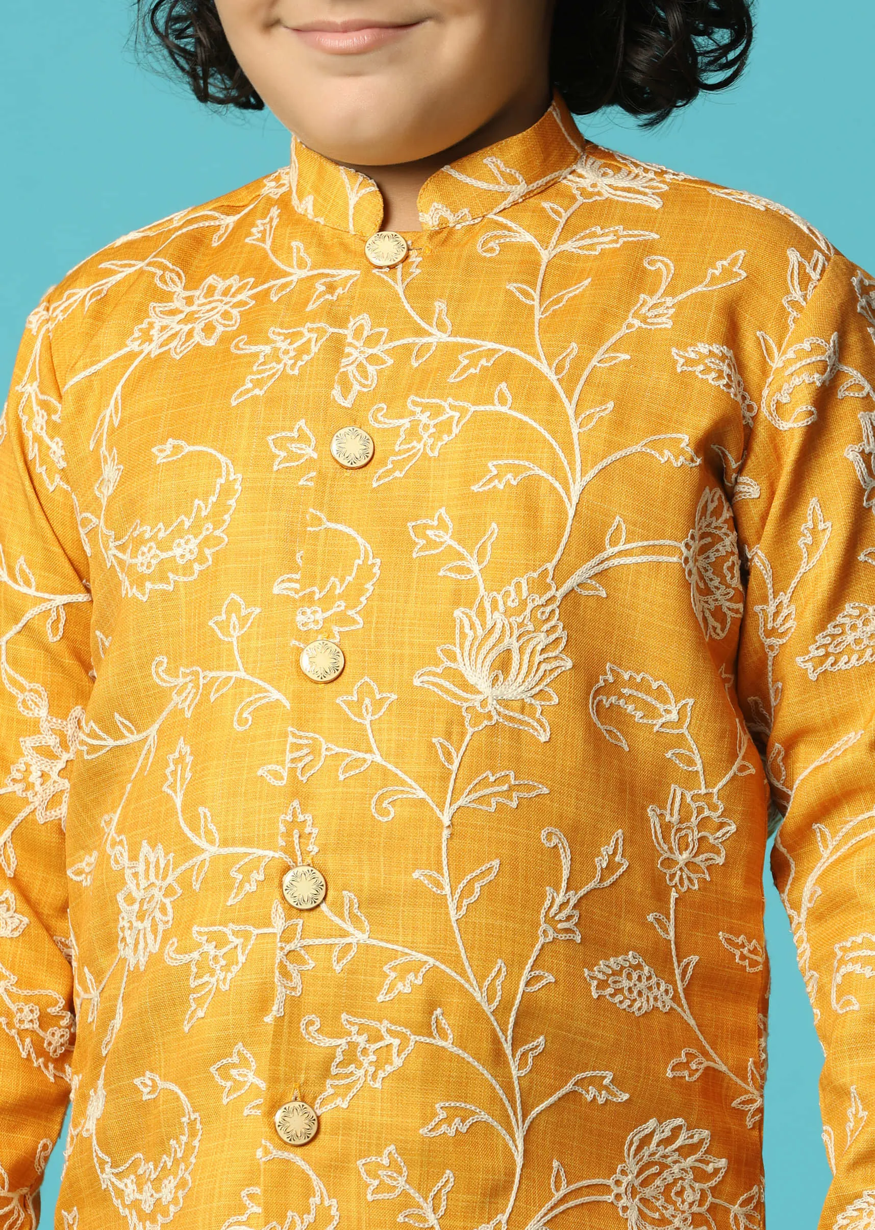 Mustard Yellow Floral Cotton Kurta Pant With Resham Work For Boys