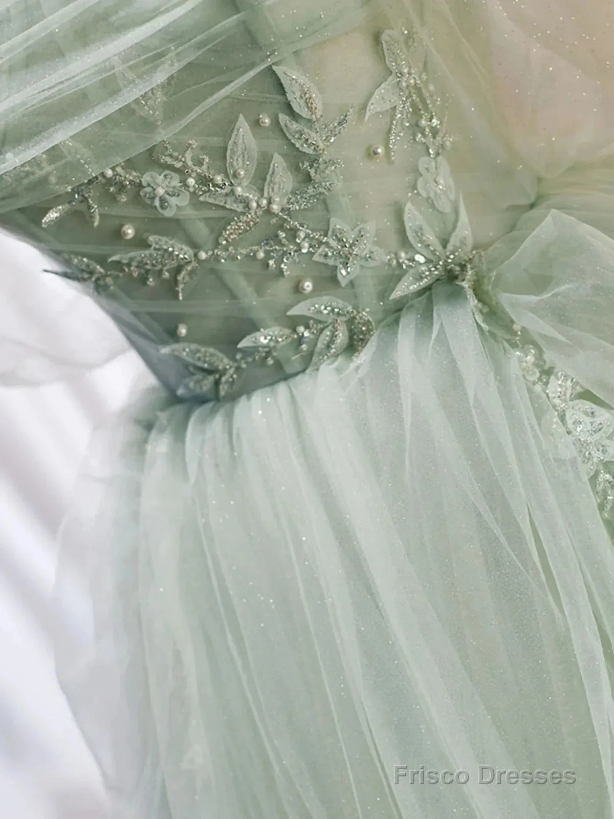 Off The Shoulder Green Tulle Long Prom Dresses, Green Long Formal Evening Dresses