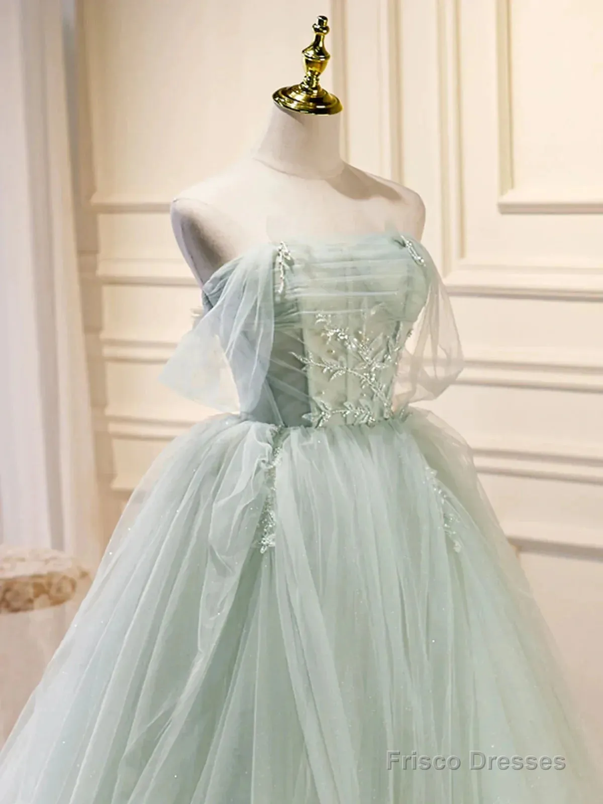 Off The Shoulder Green Tulle Long Prom Dresses, Green Long Formal Evening Dresses