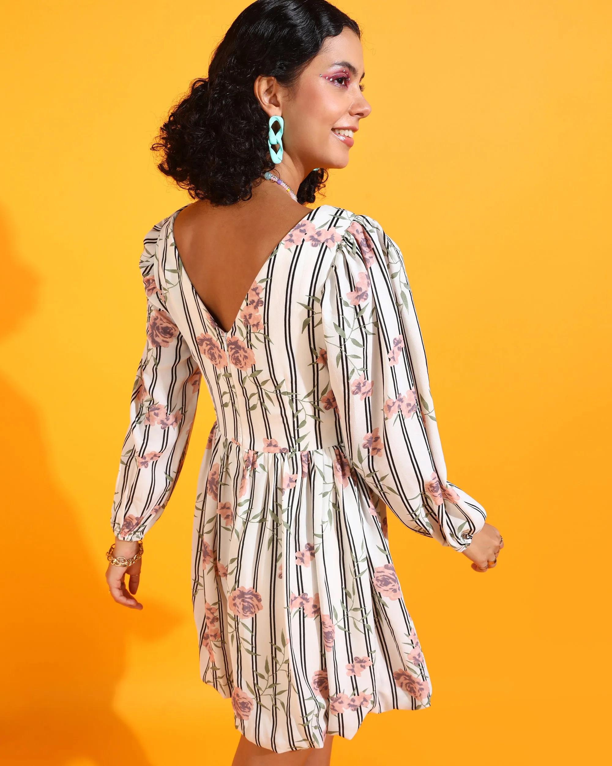 Off White Colour Above Knee Floral Dress