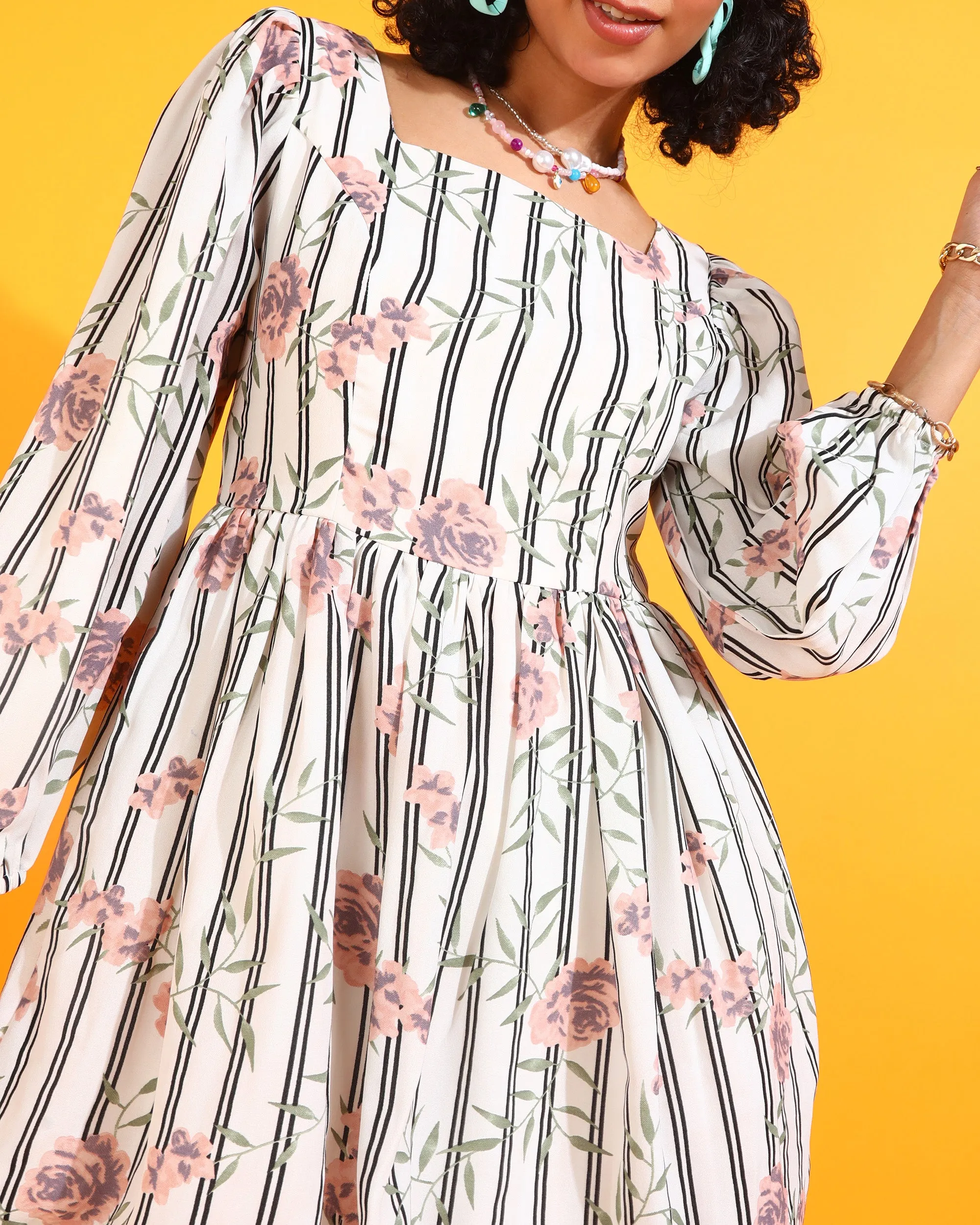 Off White Colour Above Knee Floral Dress