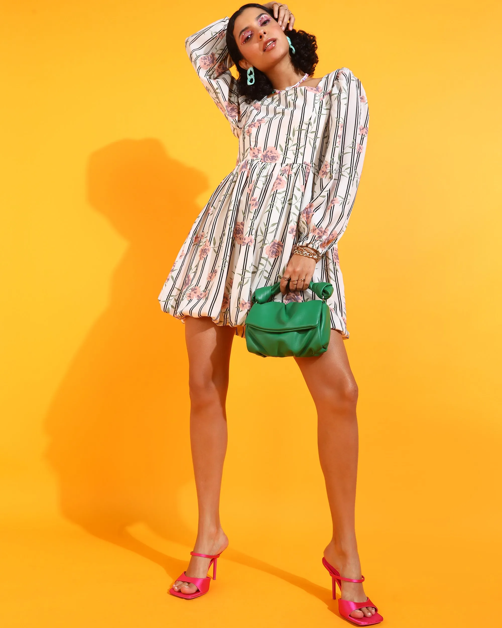 Off White Colour Above Knee Floral Dress