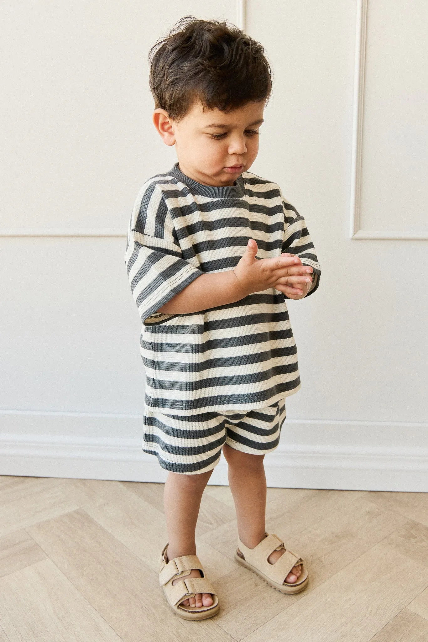 Organic Cotton Waffle Leith Short - Oliver Stripe Atlantic/Cloud