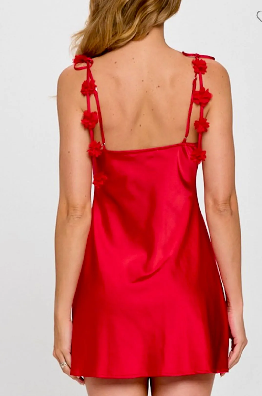 Elegant Mini Dress with Cowl Neck and Red Floral Strap Details