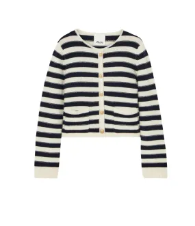 Round Neck Cashmere Blend Cardigan in Black Stripe