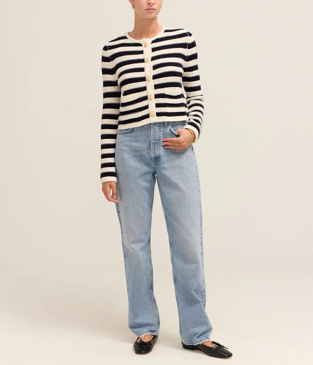 Round Neck Cashmere Blend Cardigan in Black Stripe