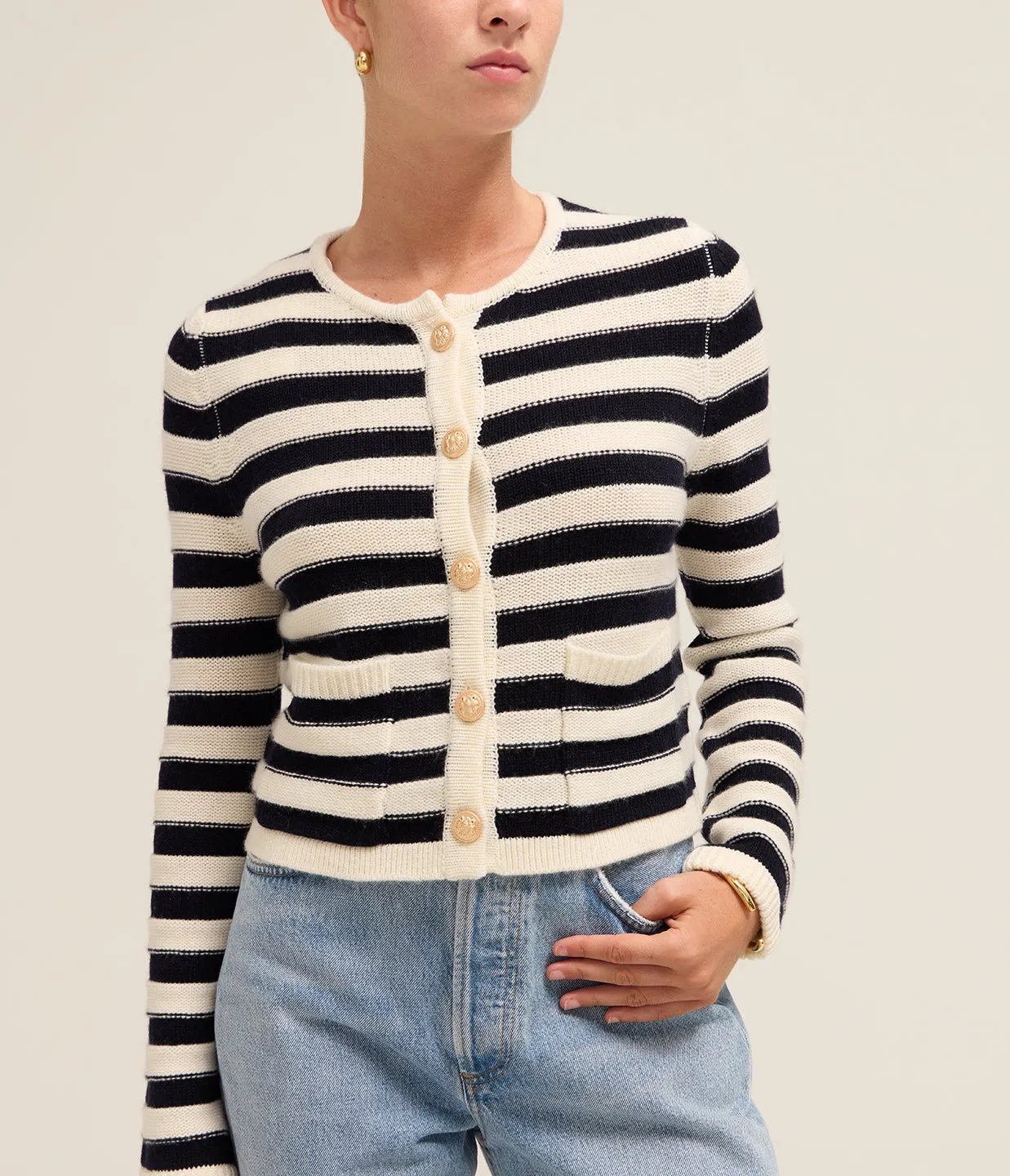 Round Neck Cashmere Blend Cardigan in Black Stripe