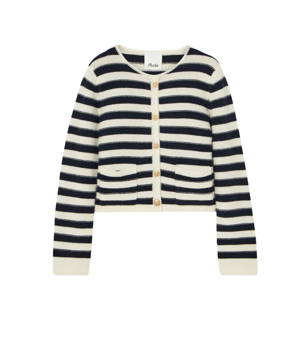 Round Neck Cashmere Blend Cardigan in Black Stripe