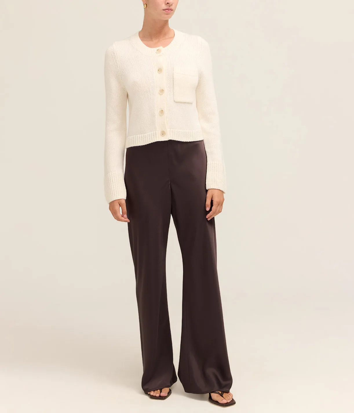 Round Neck Cashmere Blend Cardigan in Cream