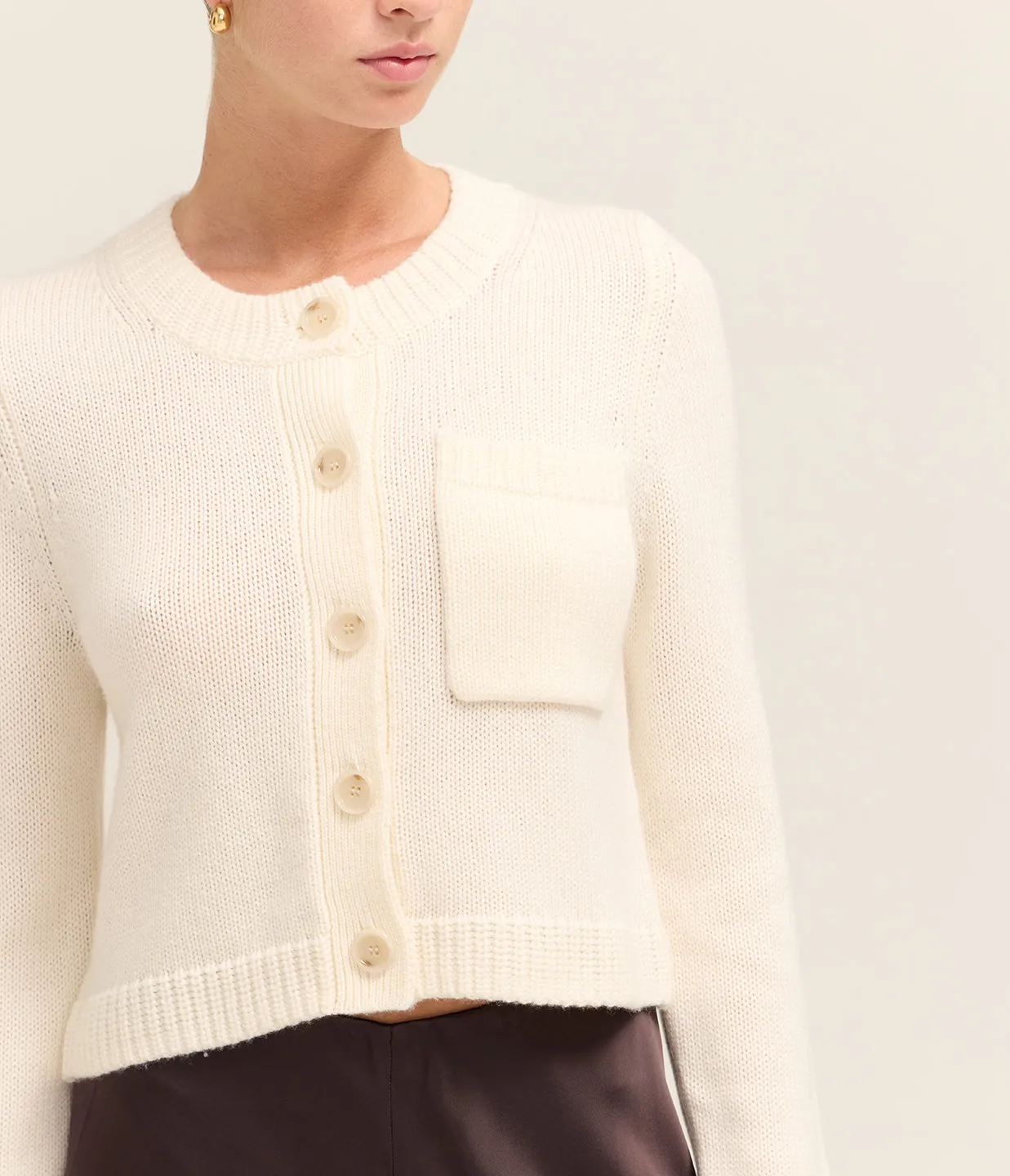Round Neck Cashmere Blend Cardigan in Cream