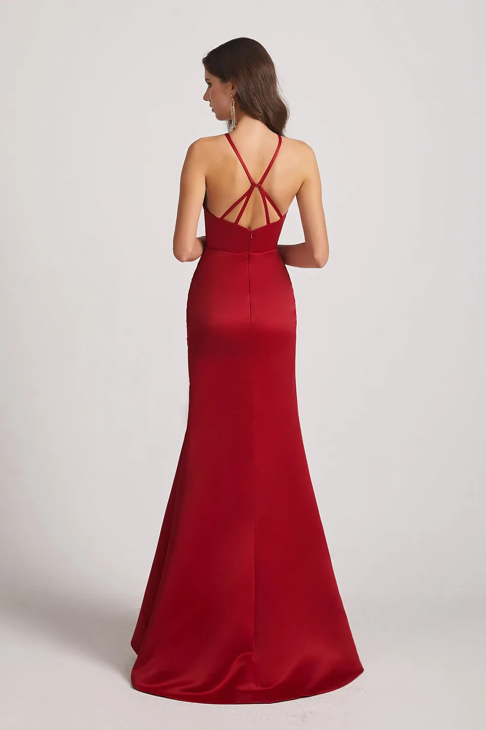 Satin Halter Criss-Cross Back Trumpet Bridesmaid Dresses (AF0163)