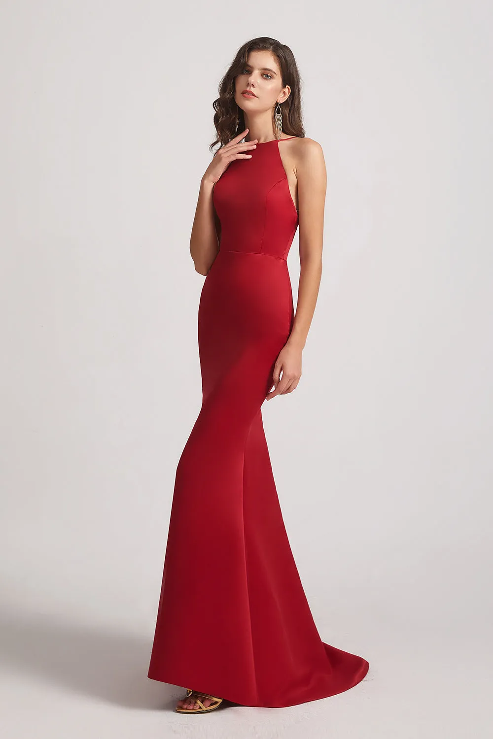 Satin Halter Criss-Cross Back Trumpet Bridesmaid Dresses (AF0163)