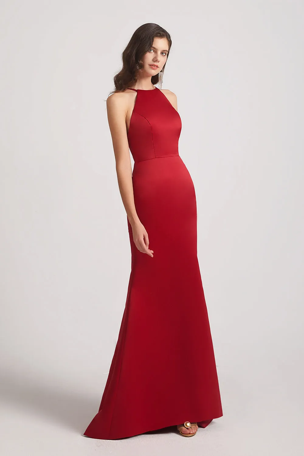 Satin Halter Criss-Cross Back Trumpet Bridesmaid Dresses (AF0163)