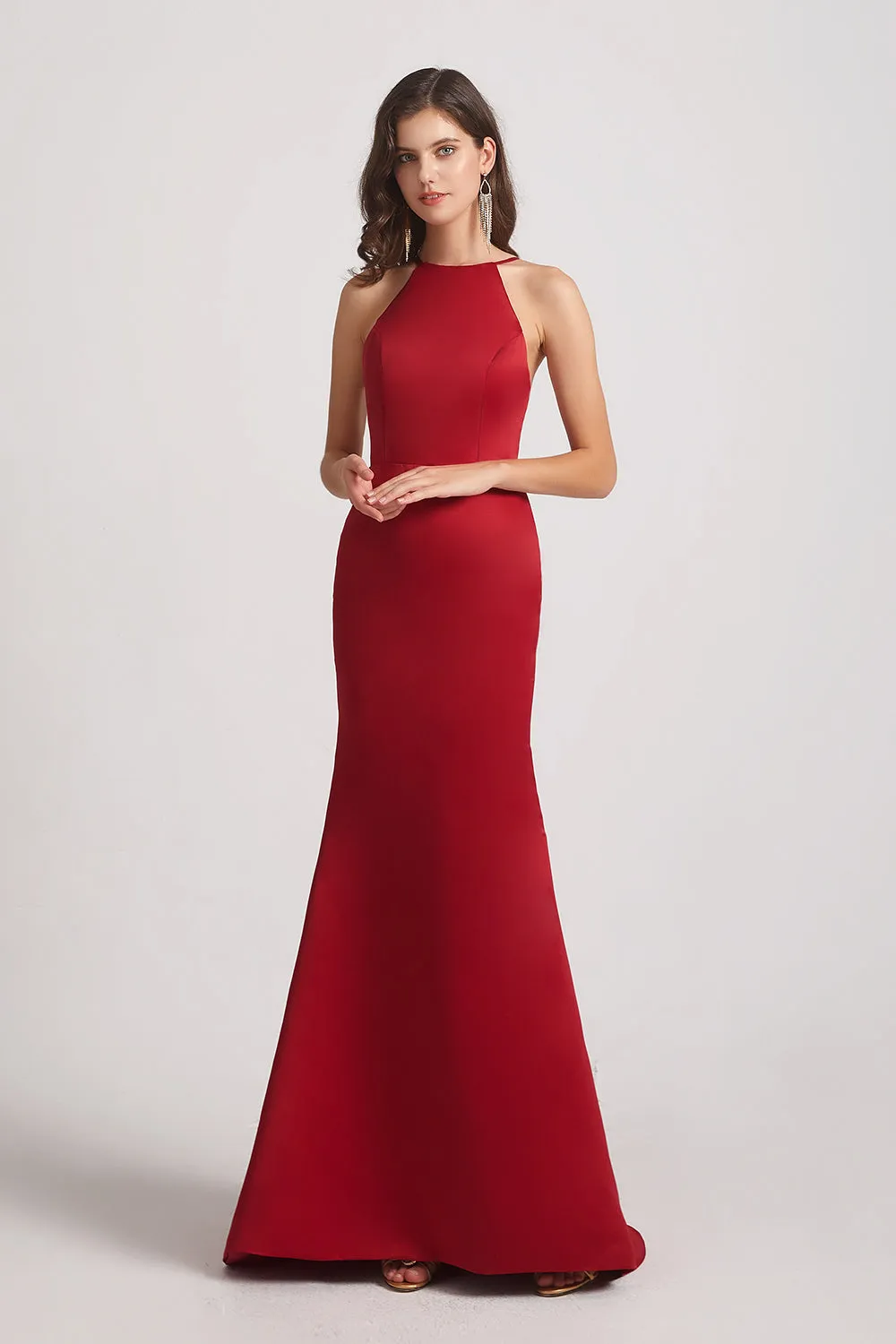 Satin Halter Criss-Cross Back Trumpet Bridesmaid Dresses (AF0163)