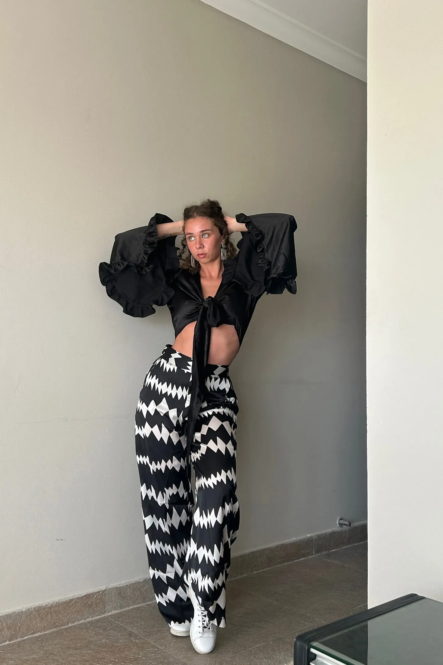 Satin Look Palazzo Pants - Black*White