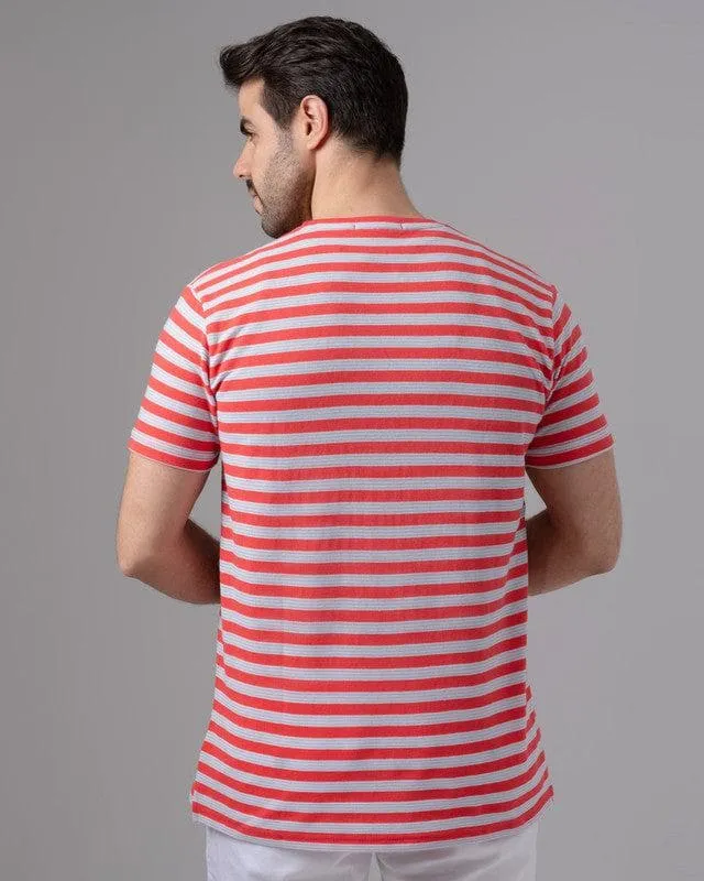 STRIPED ROUND NECK PIQUE T-SHIRT - MELON