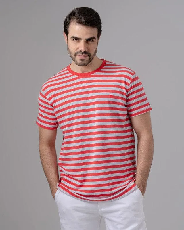 STRIPED ROUND NECK PIQUE T-SHIRT - MELON