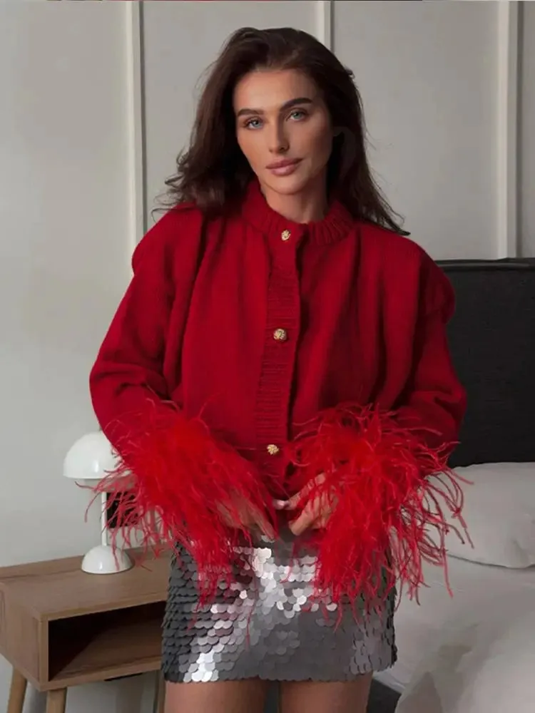 Wenkouban-Christmas Thanksgiving outfits_Spliced Feather Long Sleeved Knitted Cardigan Christmas Sweater
