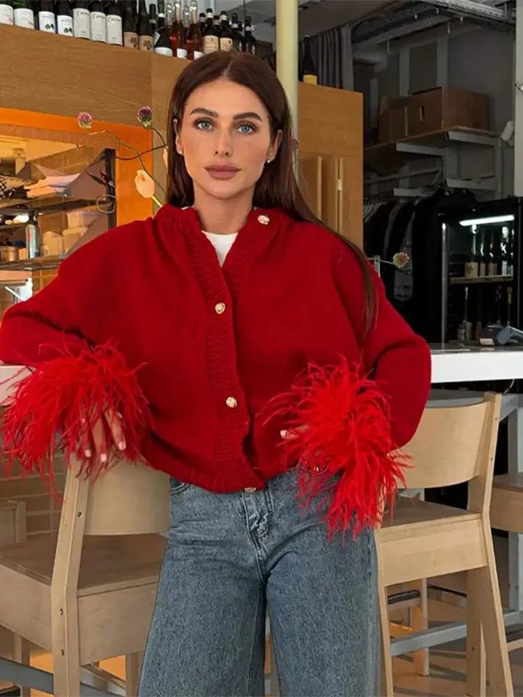 Wenkouban-Christmas Thanksgiving outfits_Spliced Feather Long Sleeved Knitted Cardigan Christmas Sweater