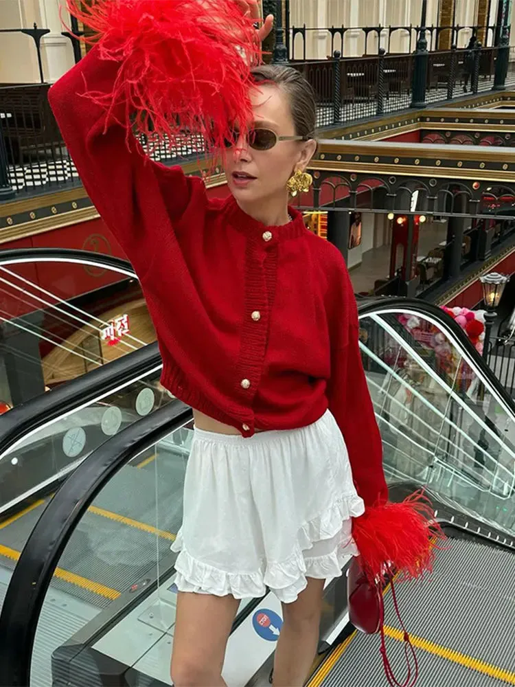 Wenkouban-Christmas Thanksgiving outfits_Spliced Feather Long Sleeved Knitted Cardigan Christmas Sweater