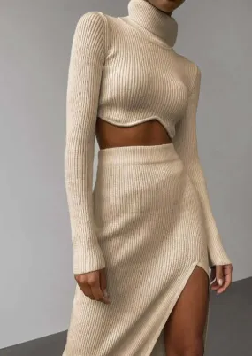 Women's Asymmetrical High-Neck Knitted Sweater Set