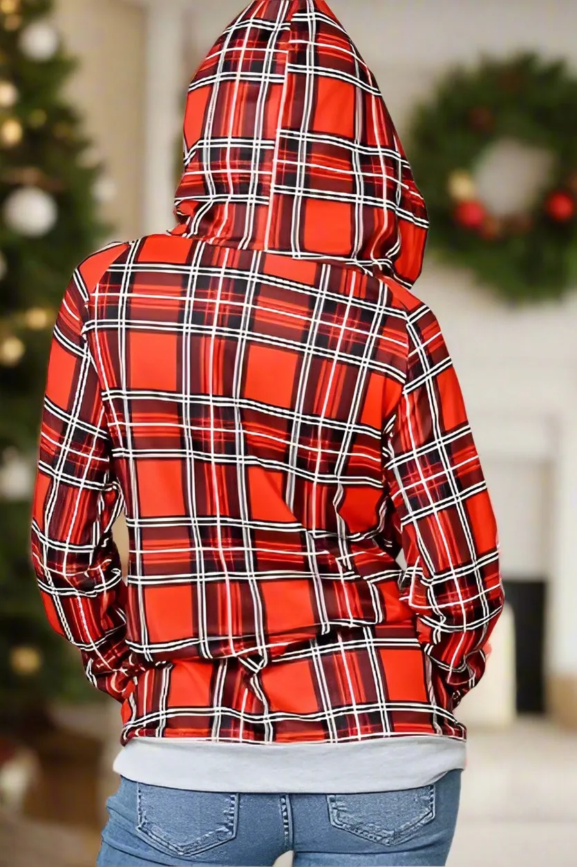 Womens Red Plaid Hoodie | Long Sleeve Shirt | Hooded Sweatshirt