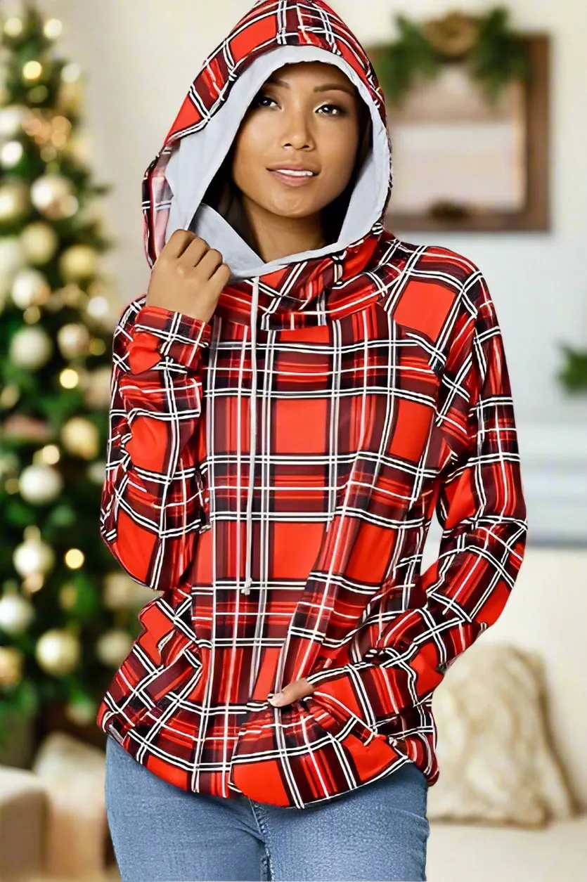 Womens Red Plaid Hoodie | Long Sleeve Shirt | Hooded Sweatshirt