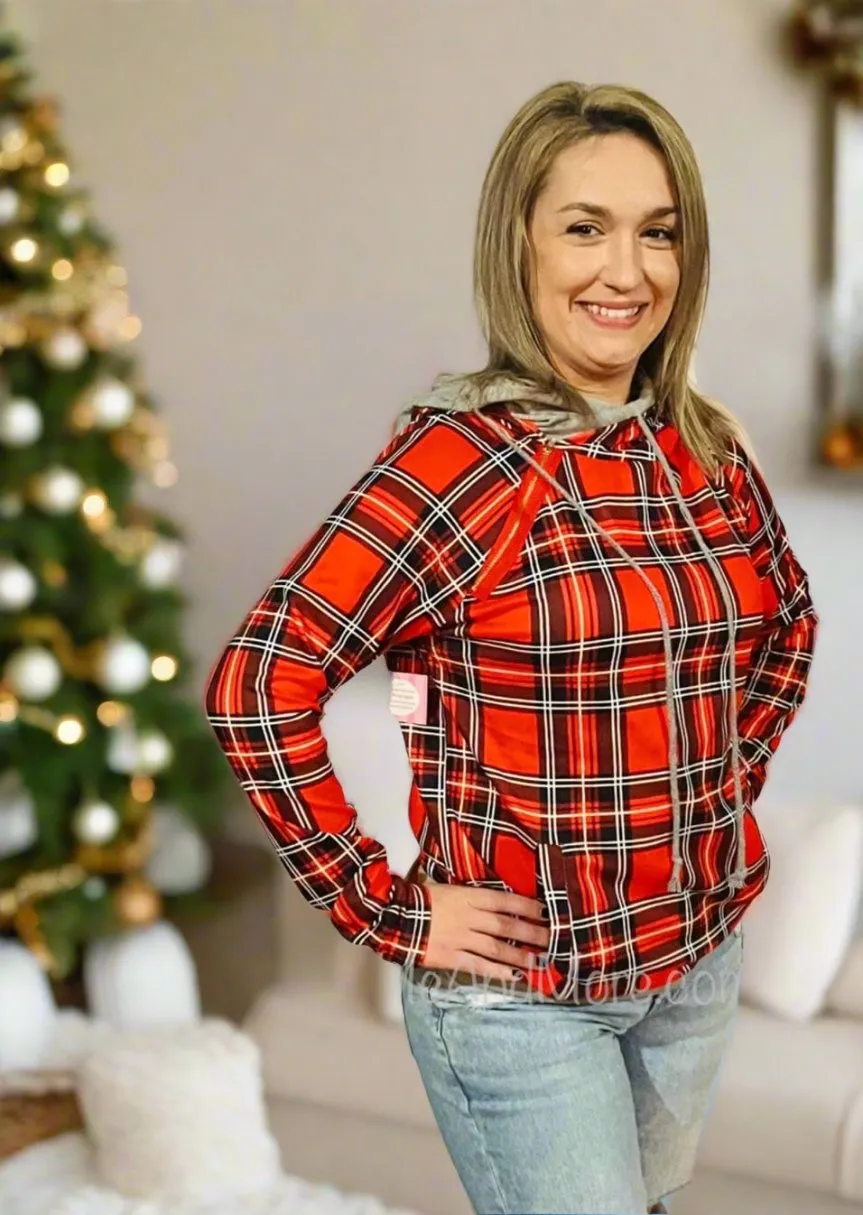 Womens Red Plaid Hoodie | Long Sleeve Shirt | Hooded Sweatshirt