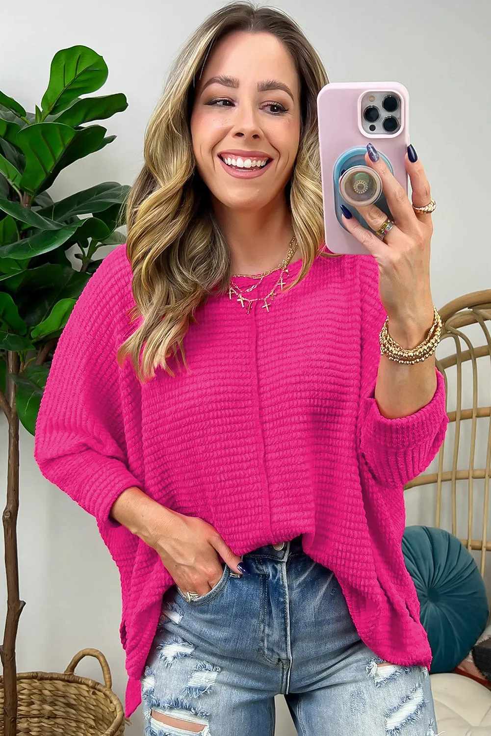 Women's Rose Red Textured Center Seam Long Sleeve Split Top