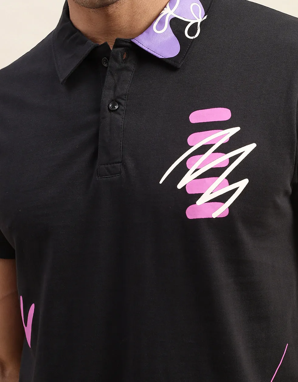 Zigzag Black Pocket Graphic Printed Polo T-shirt